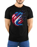 American Fighter Jets Patriotic Tee - model with hands behind back, wearing Black T-shirt and blue jeans