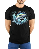 Jumping Tuna Fish Tee - model with hands behind back, wearing Black T-shirt and blue jeans