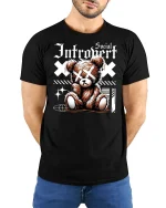 Social Introvert Teddy Graphic Tee - model with hands behind back, wearing Black T-shirt and blue jeans