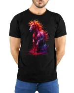 Fiery Spirit Horse T-Shirt - model with hands behind back, wearing Black T-shirt and blue jeans