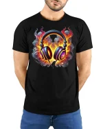 Flaming Headphones Music Lover T-Shirt - model with hands behind back, wearing Black T-shirt and blue jeans