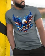 USA Bald Eagle T-Shirt - model leaning on yellow-black pole, wearing Gray T-shirt, hand in pocket