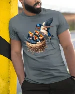 Swallow Bird Family Nest Tee - model leaning on yellow-black pole, wearing Gray T-shirt, hand in pocket