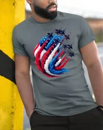 American Fighter Jets Patriotic Tee - model leaning on yellow-black pole, wearing Gray T-shirt, hand in pocket