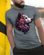 Mystic Wolf Clouds Graphic T-Shirt - model leaning on yellow-black pole, wearing Gray T-shirt, hand in pocket
