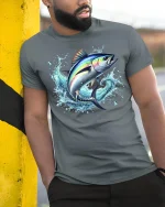 Jumping Tuna Fish Tee - model leaning on yellow-black pole, wearing Gray T-shirt, hand in pocket