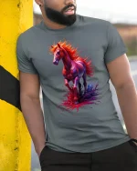 Fiery Spirit Horse T-Shirt - model leaning on yellow-black pole, wearing Gray T-shirt, hand in pocket