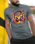 Flaming Headphones Music Lover T-Shirt - model leaning on yellow-black pole, wearing Gray T-shirt, hand in pocket