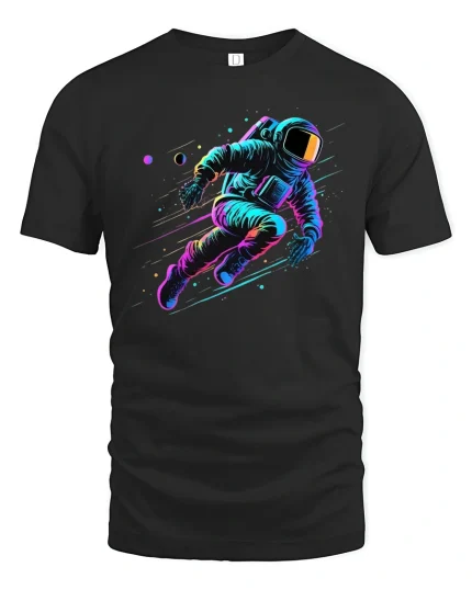 Neon Astronaut Space Adventure T-Shirt - black t-shirt on white background