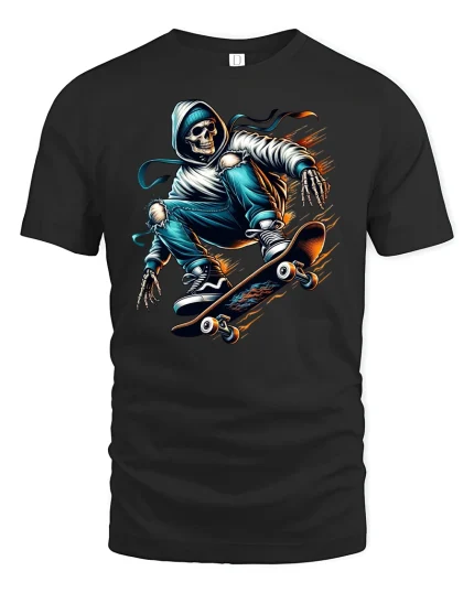 Skeleton Skater Graphic T-Shirt - black t-shirt on white background