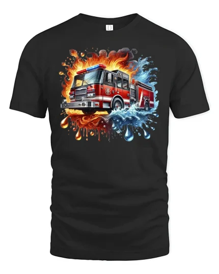 Fire Truck Graphic T-Shirt - black t-shirt on white background