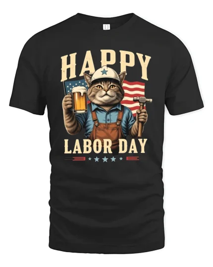 Happy Labor Day Cat Tee - black t-shirt on white background