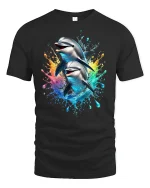 Playful Dolphin Splash Ocean T-Shirt - black t-shirt on white background