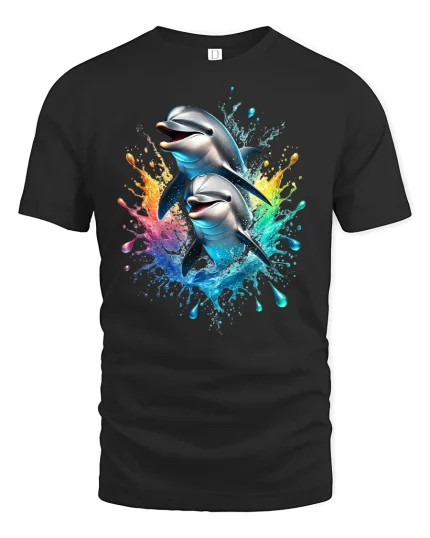 Playful Dolphin Splash Ocean T-Shirt - black t-shirt on white background