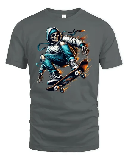Skeleton Skater Graphic T-Shirt - gray t-shirt on white background