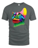 Colorful Cat Face T-Shirt - gray t-shirt on white background