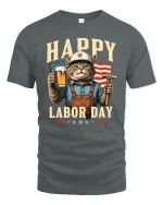 Happy Labor Day Cat Tee - gray t-shirt on white background