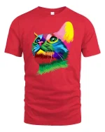 Colorful Cat Face T-Shirt - red t-shirt on white background