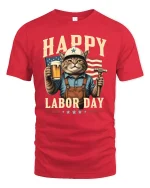 Happy Labor Day Cat Tee - red t-shirt on white background