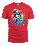 Playful Dolphin Splash Ocean T-Shirt - red t-shirt on white background
