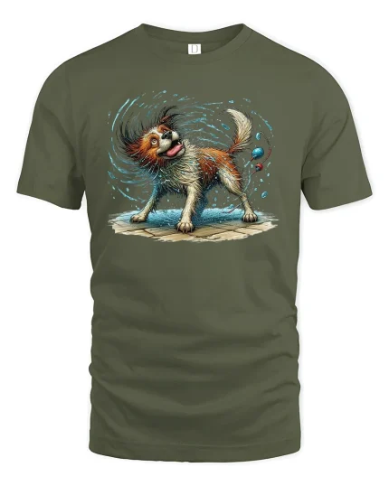Funny Wet Dog Shake Off Water Tee - military green t-shirt on white background