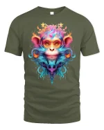 Psychedelic Monkey Art T-Shirt - military green t-shirt on white background