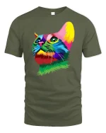 Colorful Cat Face T-Shirt - military green t-shirt on white background