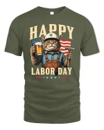Happy Labor Day Cat Tee - military green t-shirt on white background