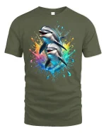Playful Dolphin Splash Ocean T-Shirt - military green t-shirt on white background