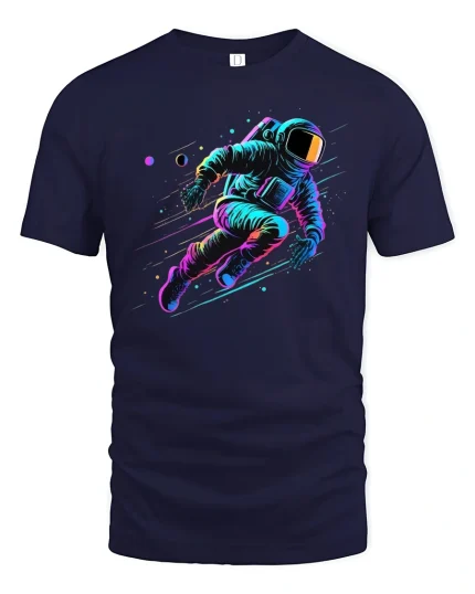 Neon Astronaut Space Adventure T-Shirt - navy t-shirt on white background
