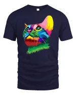 Colorful Cat Face T-Shirt - navy t-shirt on white background