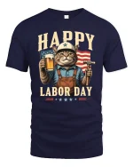 Happy Labor Day Cat Tee - navy t-shirt on white background