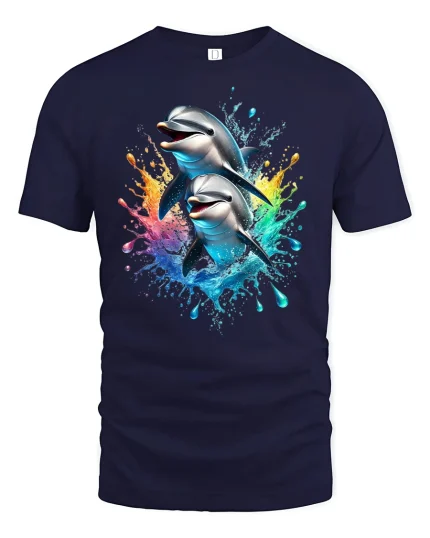Playful Dolphin Splash Ocean T-Shirt - navy t-shirt on white background