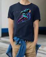 Neon Astronaut Space Adventure T-Shirt - model wearing Navy T-shirt, hands in pockets, denim shirt at waist
