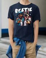 Funny Dog Bestie T-Shirt - model wearing Navy T-shirt, hands in pockets, denim shirt at waist