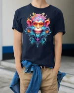 Psychedelic Monkey Art T-Shirt - model wearing Navy T-shirt, hands in pockets, denim shirt at waist