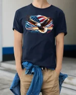 American Eagle USA Flag T-Shirt - model wearing Navy T-shirt, hands in pockets, denim shirt at waist