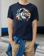 Majestic Tiger Head Graphic T-Shirt - model wearing Navy T-shirt, hands in pockets, denim shirt at waist
