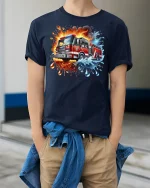 Fire Truck Graphic T-Shirt - model wearing Navy T-shirt, hands in pockets, denim shirt at waist