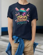Drip Strong Baseball T-Shirt - model wearing Navy T-shirt, hands in pockets, denim shirt at waist