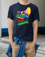 Colorful Cat Face T-Shirt - model wearing Navy T-shirt, hands in pockets, denim shirt at waist
