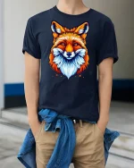 Vibrant Fox Face T-Shirt - model wearing Navy T-shirt, hands in pockets, denim shirt at waist