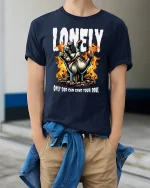 Lonely Hand of Fire Graphic Tee - model wearing Navy T-shirt, hands in pockets, denim shirt at waist