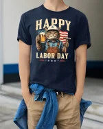 Happy Labor Day Cat Tee - model wearing Navy T-shirt, hands in pockets, denim shirt at waist