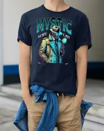 Mystic Detective Weird Case T-Shirt - model wearing Navy T-shirt, hands in pockets, denim shirt at waist
