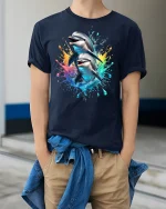 Playful Dolphin Splash Ocean T-Shirt - model wearing Navy T-shirt, hands in pockets, denim shirt at waist