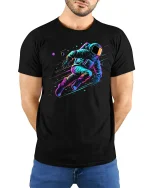 Neon Astronaut Space Adventure T-Shirt - model with hands behind back, wearing Black T-shirt and blue jeans