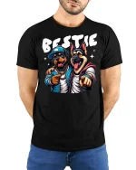 Funny Dog Bestie T-Shirt - model with hands behind back, wearing Black T-shirt and blue jeans