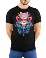 Psychedelic Monkey Art T-Shirt - model with hands behind back, wearing Black T-shirt and blue jeans
