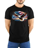 American Eagle USA Flag T-Shirt - model with hands behind back, wearing Black T-shirt and blue jeans